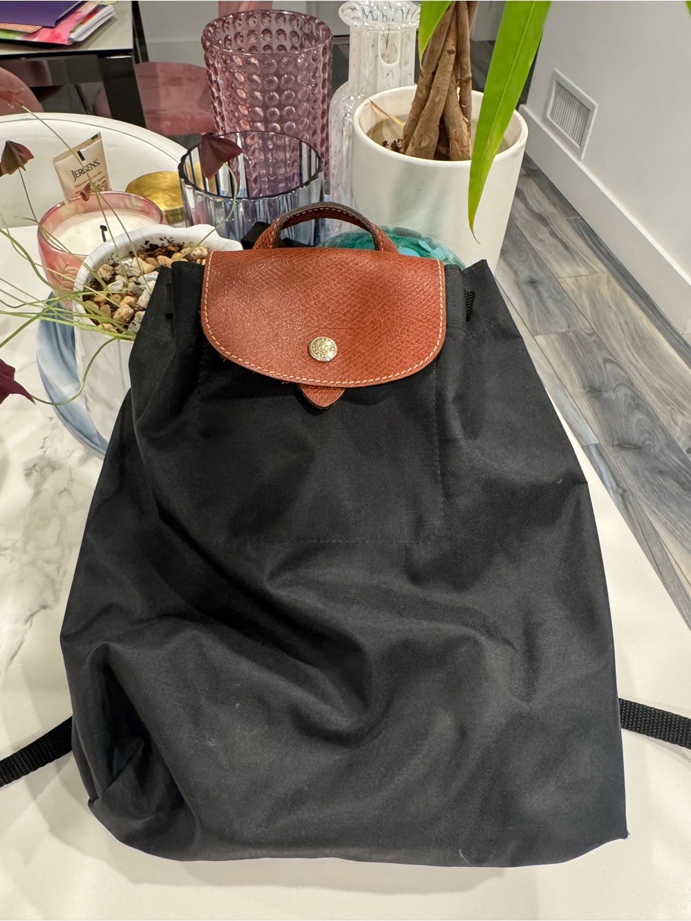 Longchamp Black Backpack with Brown Leather Flap - Classic Women's Bag